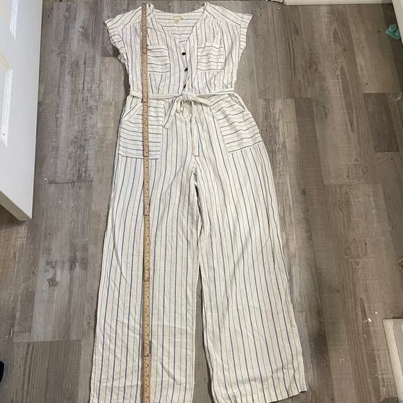 Monteau Los Angeles Blue Striped Linen Blend Casual Jumpsuit Sz L Belt, Pockets - Picture 5 of 12